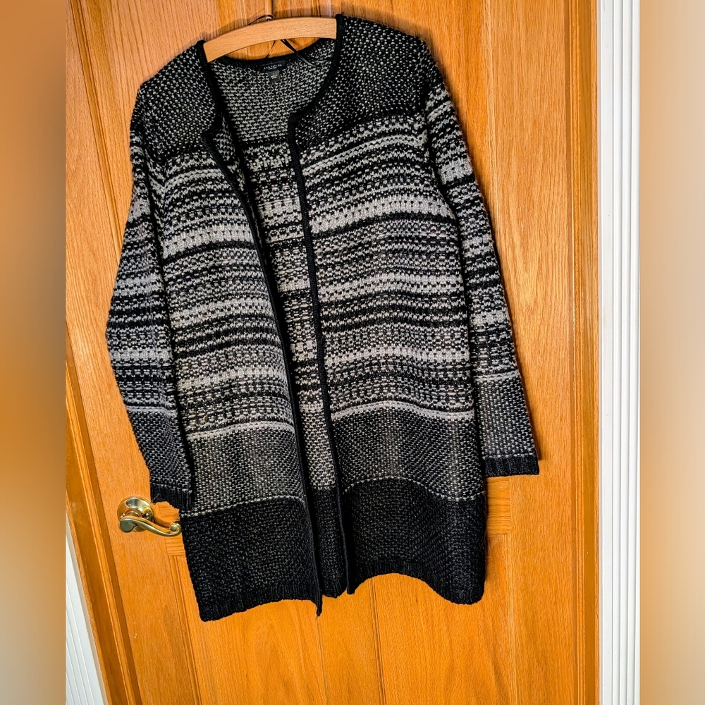 Ann Taylor Factory Size L Long Heavy Black And Gray Sweater Coat No Closure.
